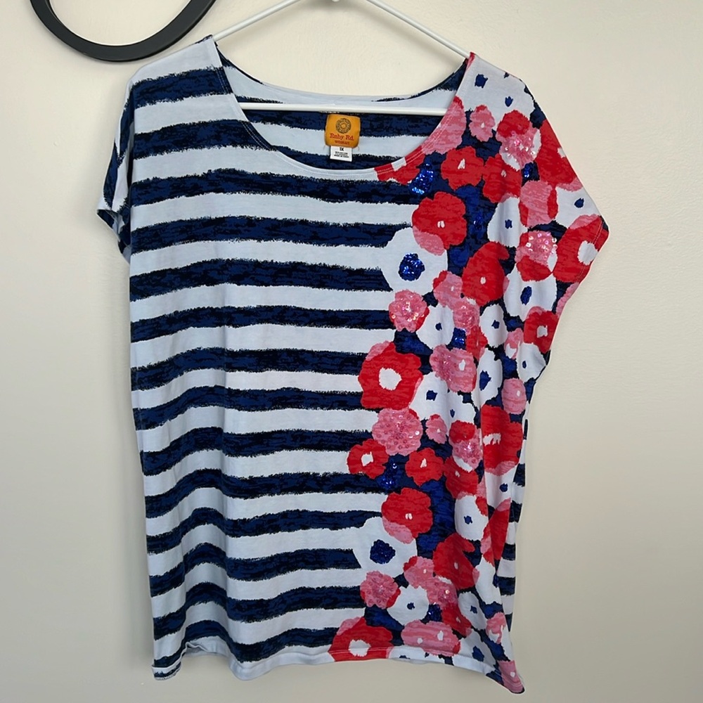 Floral with Sequins and Stripes Ruby Rd. Cap Sleeve Shirt